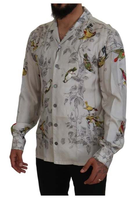 Dolce & Gabbana Men's White Bird Print Silk Satin Casual Shirt - Image 5
