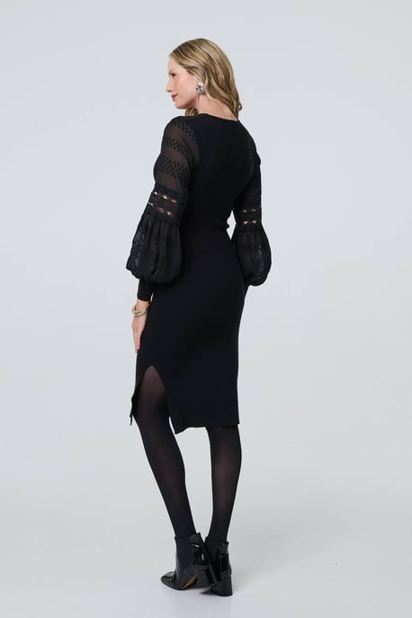 Black Long Sheer Sleeve Bodycon Knit Dress