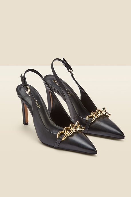 Ariana Black Leather Chain Detail Slingback Court Shoe