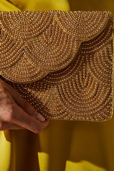 Pearl Beaded Scallop Clutch Bag With Shoulder Strap