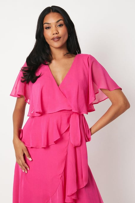 Wrap Detail Side Tie Chiffon Midi Dress