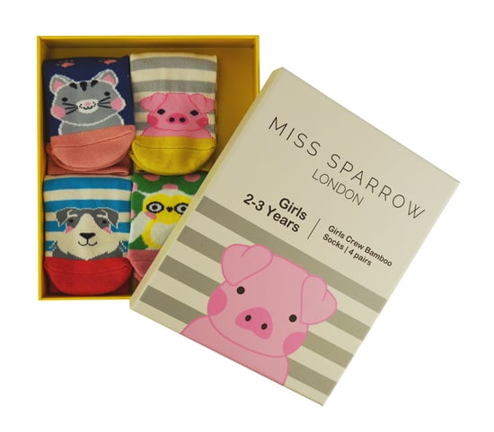 Miss Sparrow - 4 Pack Girls Bamboo Socks | Kids Novelty Animal Pattern Socks in a Gift Box - Assorted - Image 2