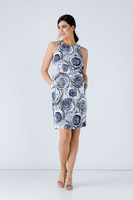 Print Sleeveless Sack Dress in Navy