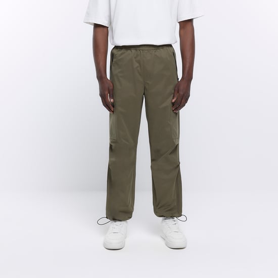 River Island Mens Cargo Trousers Khaki Regular Fit Zip Pocket Pants