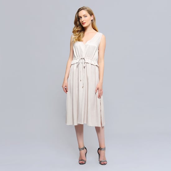 V-neckline Adjustable Waist Midi Dress