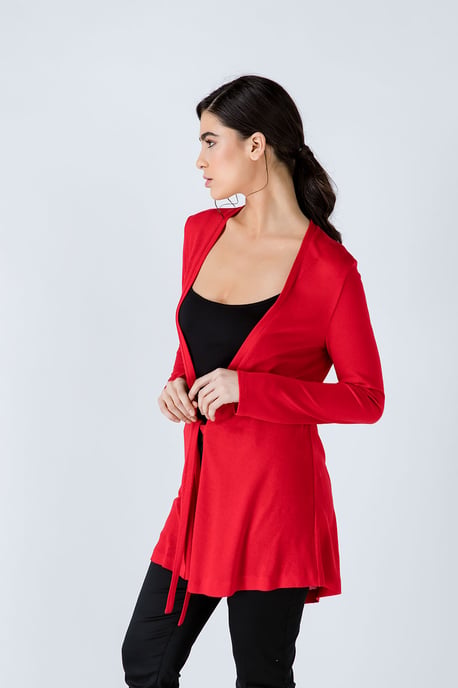 Red Open Front Linen Cardigan