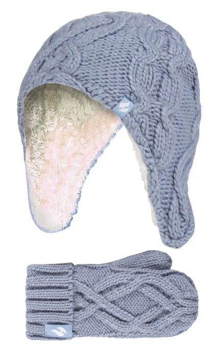 Heat Holders - Girls Majestic Soft Cosy Cable Knitted Design Bobble Trapper Hat and Mittens Gloves Set - Dusty Blue - Image 1
