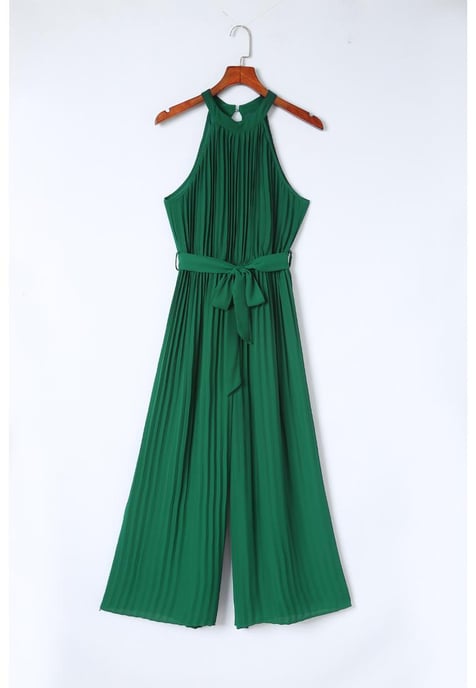 Women's Pleated Wide Leg Jumpsuit with Belt in Green - Image 5