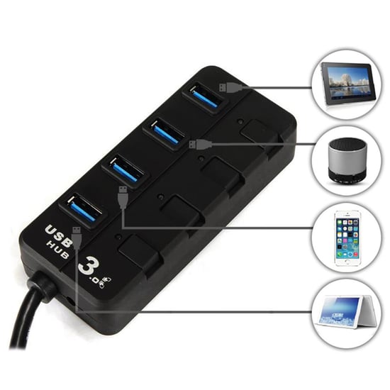 Aquarius 4-Port USB Hub with Individual LED Power Switches - Black