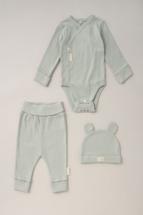 Green Cotton Bodysuit, Jogger and Hat 3-Piece Set