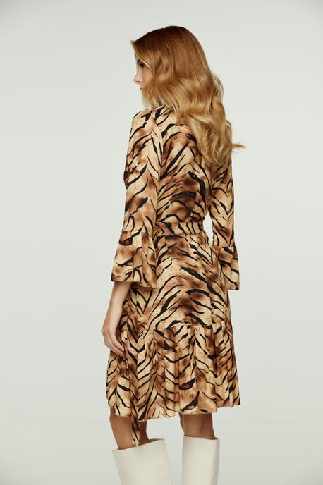 Tiger Print Viscose Wrap Dress with Bell Sleeves