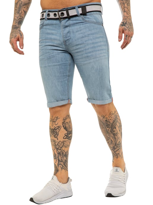 Kruze By Enzo | Mens Belted Denim Shorts - Light Stonewash