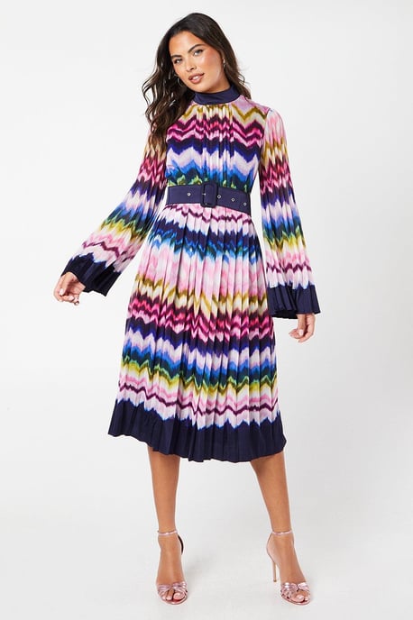 Stripe Print Pleated Long Sleeve Midi Dress