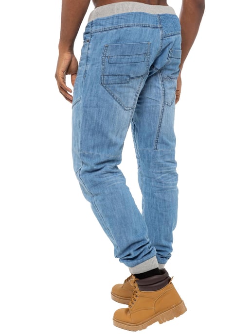 Enzo| Mens Denim Cuffed Jogger Jeans - Light Blue