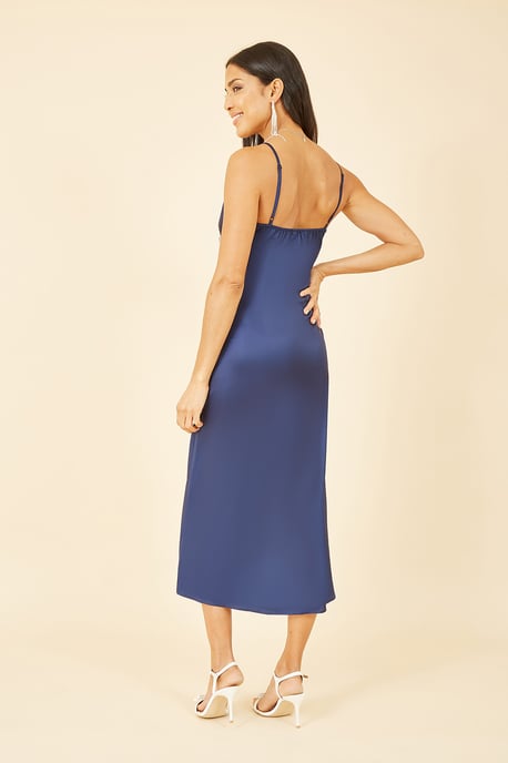 Navy Satin Slip Dress With Floral Design