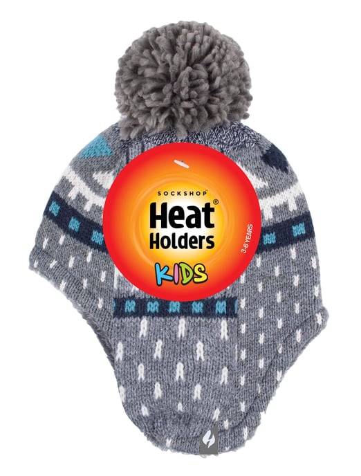 Heat Holders - Boys Outdoor Faux Fur Pom Pom Hat with Ear Flaps & Mittens Gloves - Pebble Melange - Image 2