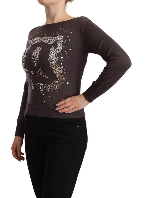 John Galliano Women's Brown Wool Sequined Long Sleeves Pullover Sweater
