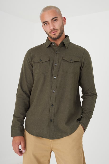 Khaki Cotton Brushed Flannel Long Sleeve Shirt