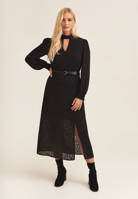 Black Long Sleeve Keyhole Neckline Wait Tie Midi Dress