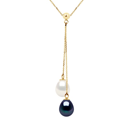 DIADEMA - Necklace You & Me - 2 Real Freshwater Pearls - Black and White - Yellow Gold