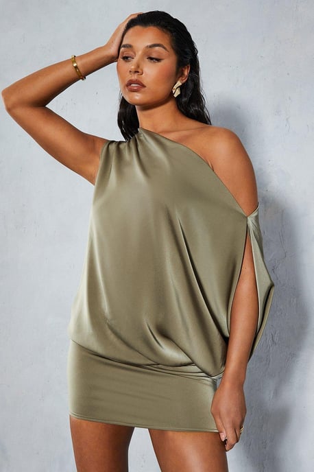 Satin Off Shoulder Asymmetric Bodycon Mini Dress