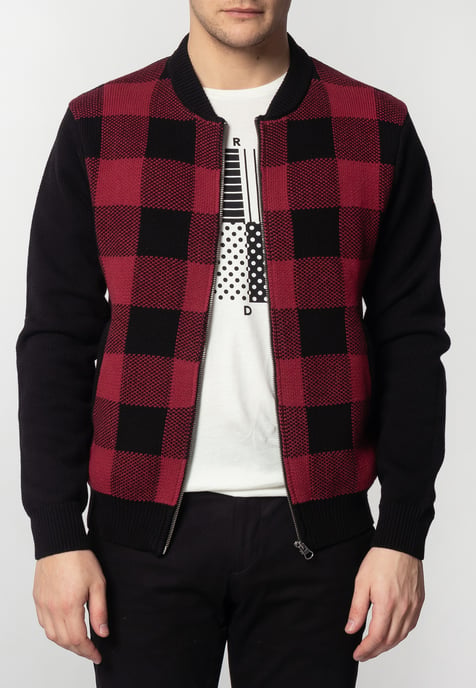 Apollo Mens Chunky Cotton Cardigan With Large Check Pattern In Black/Red