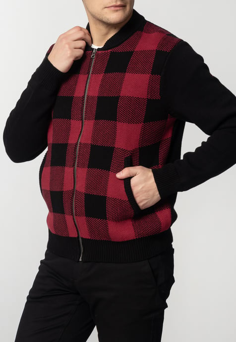 Apollo Mens Chunky Cotton Cardigan With Large Check Pattern In Black/Red