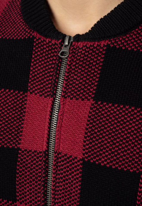 Apollo Mens Chunky Cotton Cardigan With Large Check Pattern In Black/Red