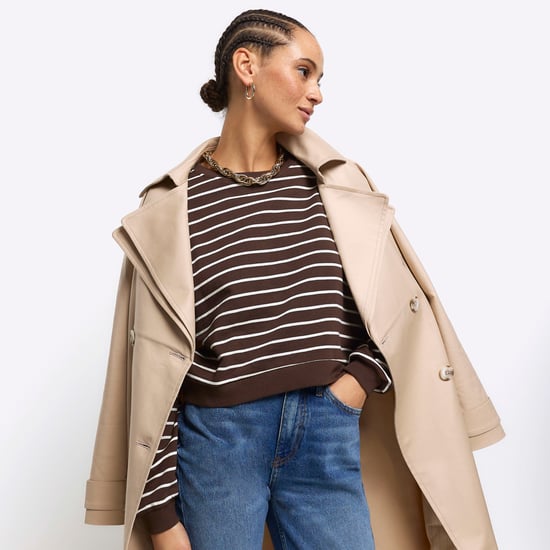 River Island Womens Crop Sweatshirt Brown Stripe Crew Neck