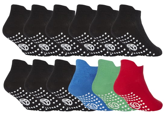 12 Pair Multipack Kids Cotton Trainer Socks with Rubber Grips - Black / Green - Image 1