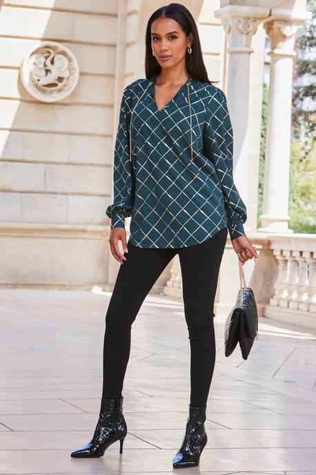 Green & Gold Check Print Chain Lace Up Blouse