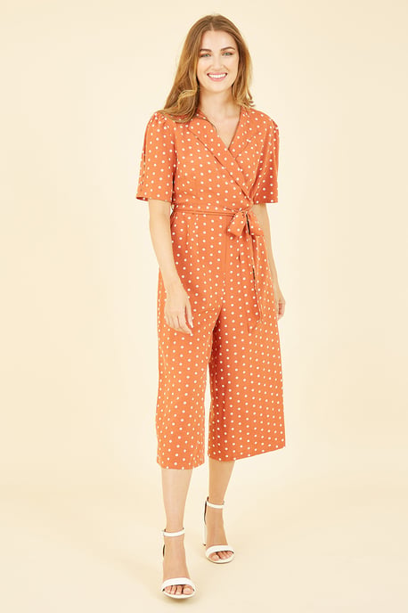 Orange Spot Print Retro Culotte Jumpsuit
