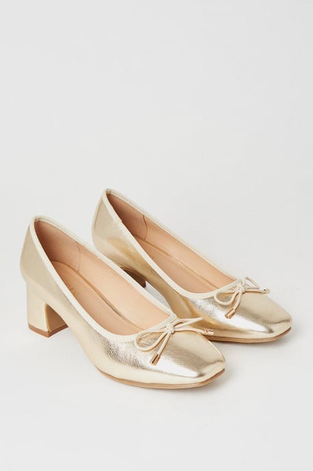 Violetta Square Toe Bow Detail Low Block Heel Pumps