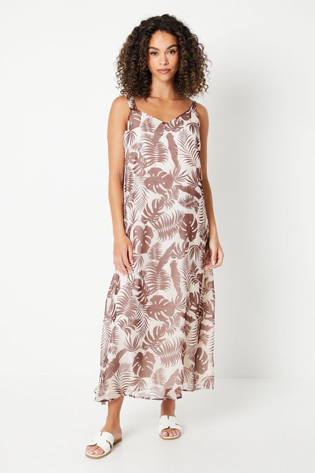 Leaf Print Chiffon Strappy V Neck Midi Sundress