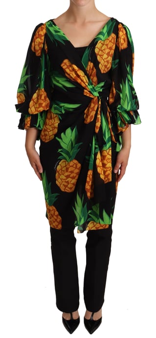 Dolce & Gabbana Kvinnors Svart Ananastryck Wrap Stretch Silke Klänning - Image 1