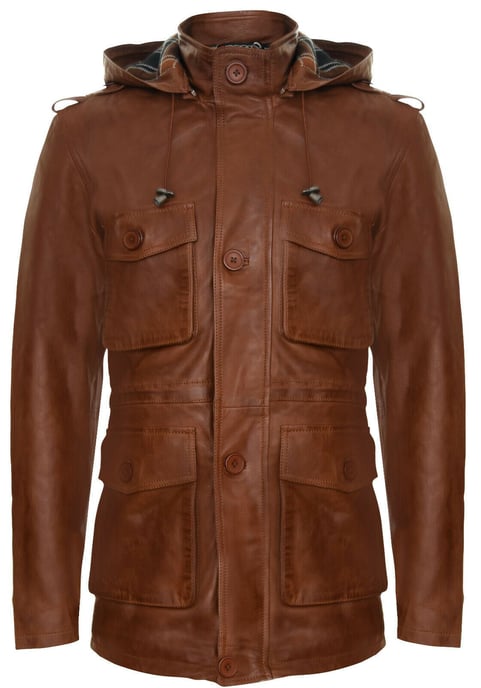 Trench coat with hood and several leather bags