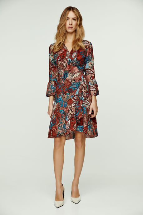 Paisley Print Viscose Wrap Dress with Bell Sleeves