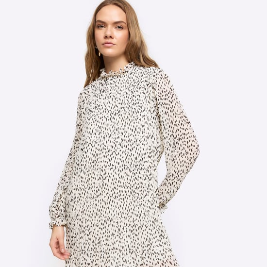 River Island Womens Shift Mini Dress Cream Plisse Leopard Print