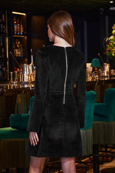 Black Velvet Fit & Flare Dress With Button Pocket Detail