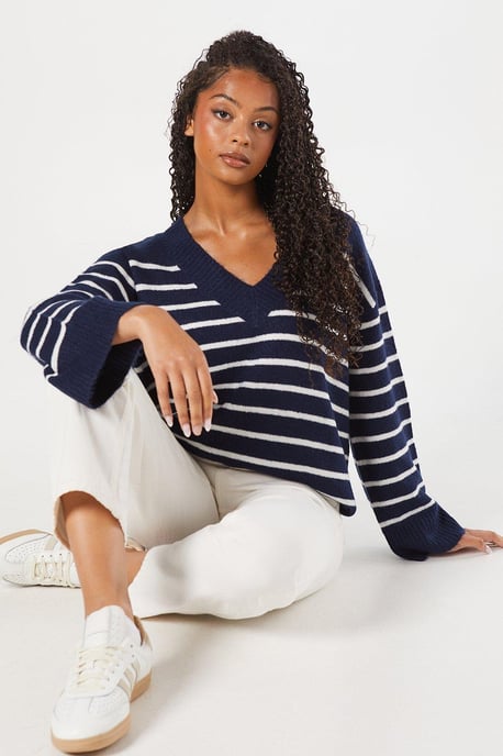 V Neck Stripe Knitted Jumper - Image 4