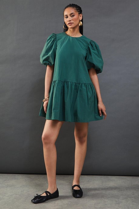 Taffeta Drop Waist Mini Smock Dress