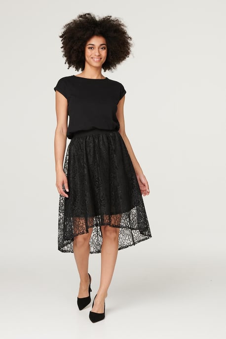 Black Lace Asymmetric Hem Midi Skirt