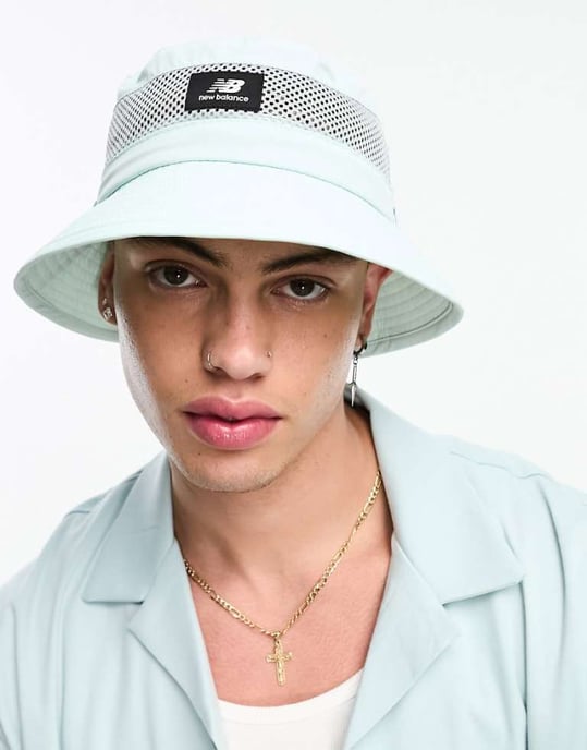 New balance bucket hat with logo in mint blue-Brown