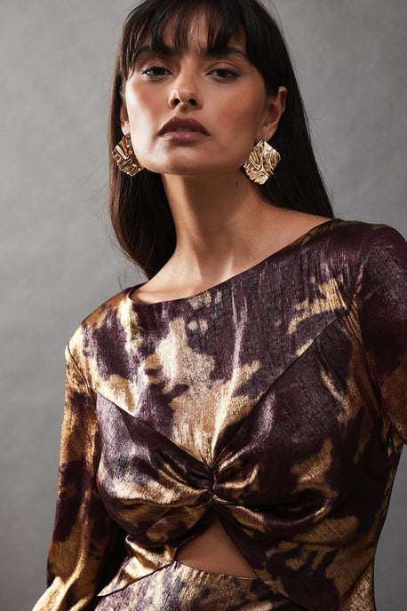 Metallic Marble Twist Front Bias Midi Dress - Image 4