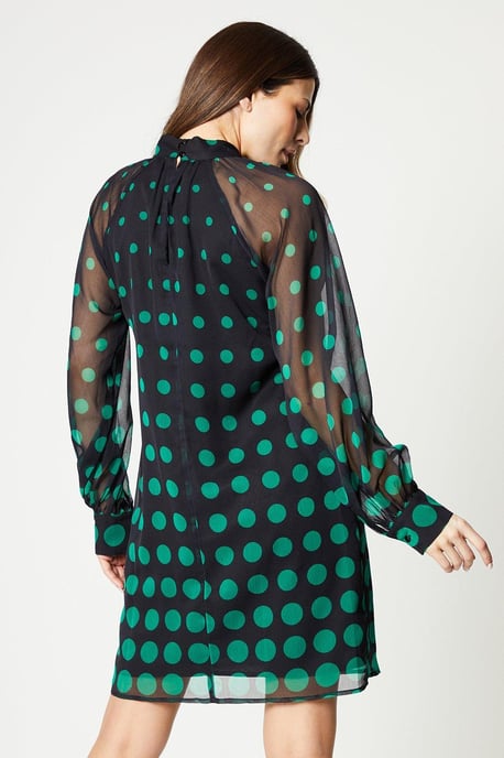Spot Border Balloon Sleeve Shift Dress