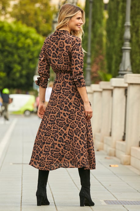 Leopard Print Midi Shirt Dress With Belt
