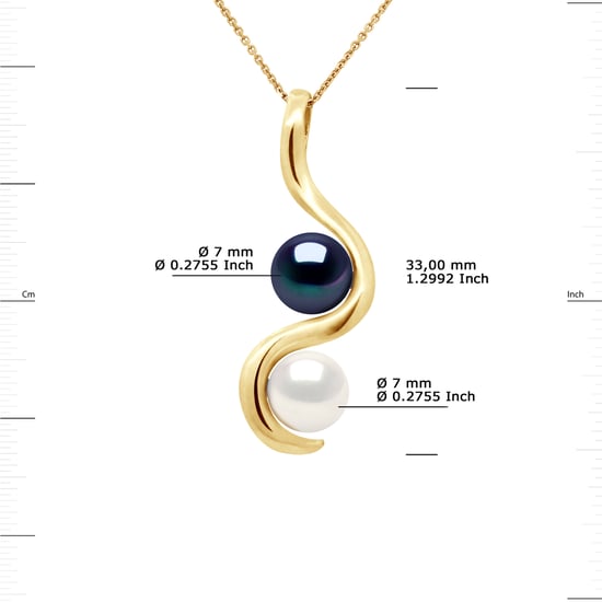 DIADEMA - Pendant You & Me - 2 Real Freshwater Pearls - White and Black - Yellow Gold