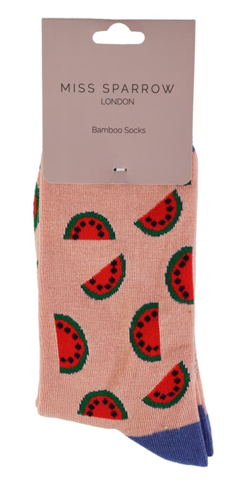 Women's Novelty Funny Fruit Socks | Miss Sparrow | Funky Watermelon Avocado Lemons Design Bamboo Socks - Watermelon (Pink) - Image 2
