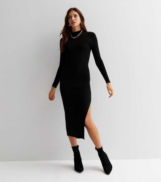 Ribbstickad Bodycon Midiklänning med hög hals - Image 3