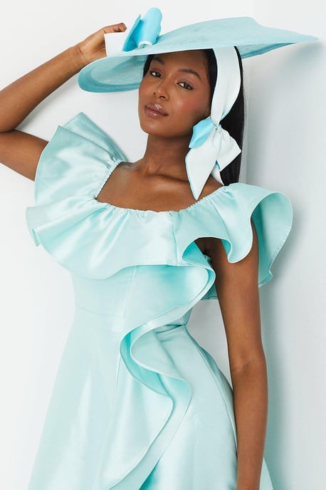 Lisa Tan Off Shoulder Ruffle Twill Midi Dress